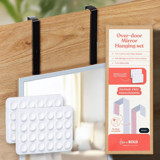 Heavy-Duty 14.5-Inch Adjustable Door Mirror Hanger Set of 2 (BLACK) + Anti-Damage Suction Cups-1.7" Door Depth