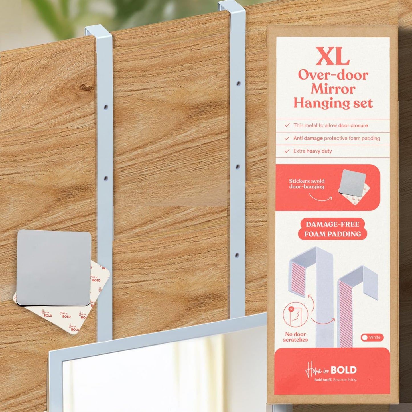 Set of 2 XL Mirror Brackets Over 20"-The-Door Mirror Hanger + Sticker, Set with Anti-Scratch Lining (White)