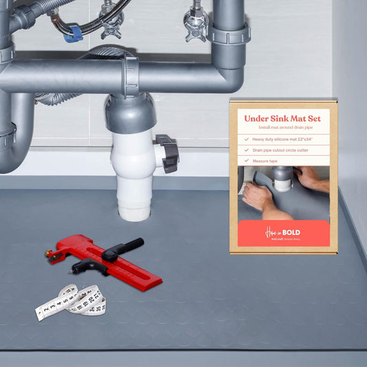 3 in 1 SET: Under Sink Mat with Cutout for Pipes-Cut to Size Under Sink Mat 34x22''-Cut to Fit Sink Mats Silicone