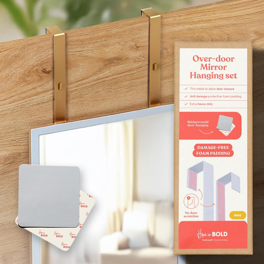 Adjustable 14.5-inch Over-The-Door Mirror Hanger Set of 2 (GOLD) + Anti-Damage Suction Cups-1.5" Door Depth