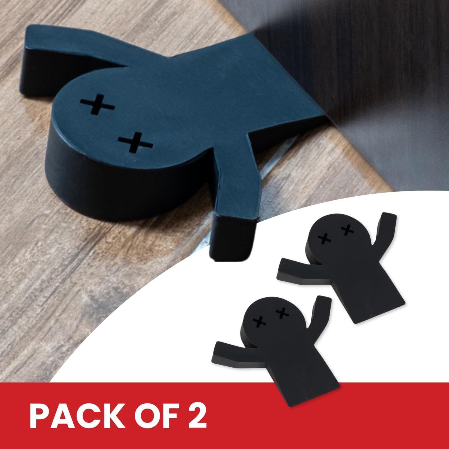 2-Pack Decorative Door Stoppers for Bottom of Door-Black Hard Rubber 'Flat Mates'
