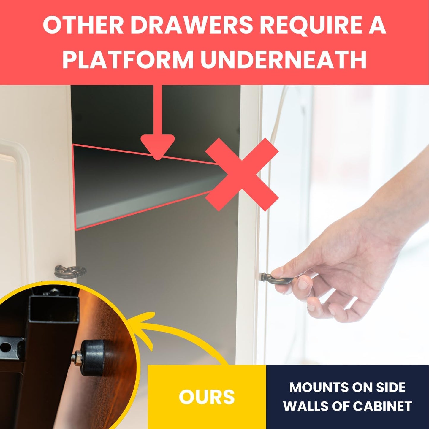 Tension Mount No Drill Pull Out Drawers for Kitchen Cabinet - No Screw 12''- 22'' Extendable Cabinet Slide Drawer