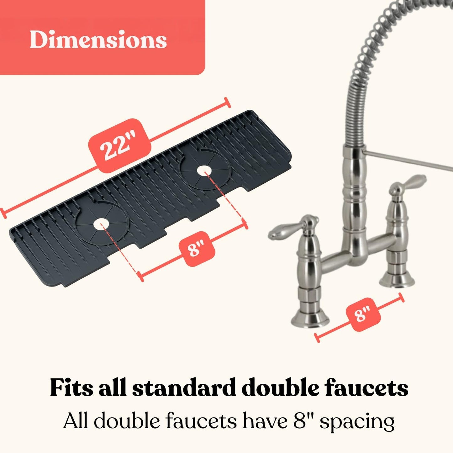 2 Hole Kitchen Sink Splash Guard 22 inch Wide-Modern Silicone Faucet Mat for Kitchen Sink with 8” Spacing