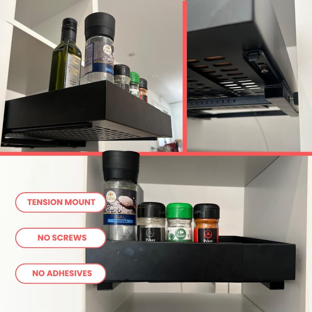 Tension Mount No Drill Pull Out Drawers for Kitchen Cabinet - No Screw 12''- 22'' Extendable Cabinet Slide Drawer
