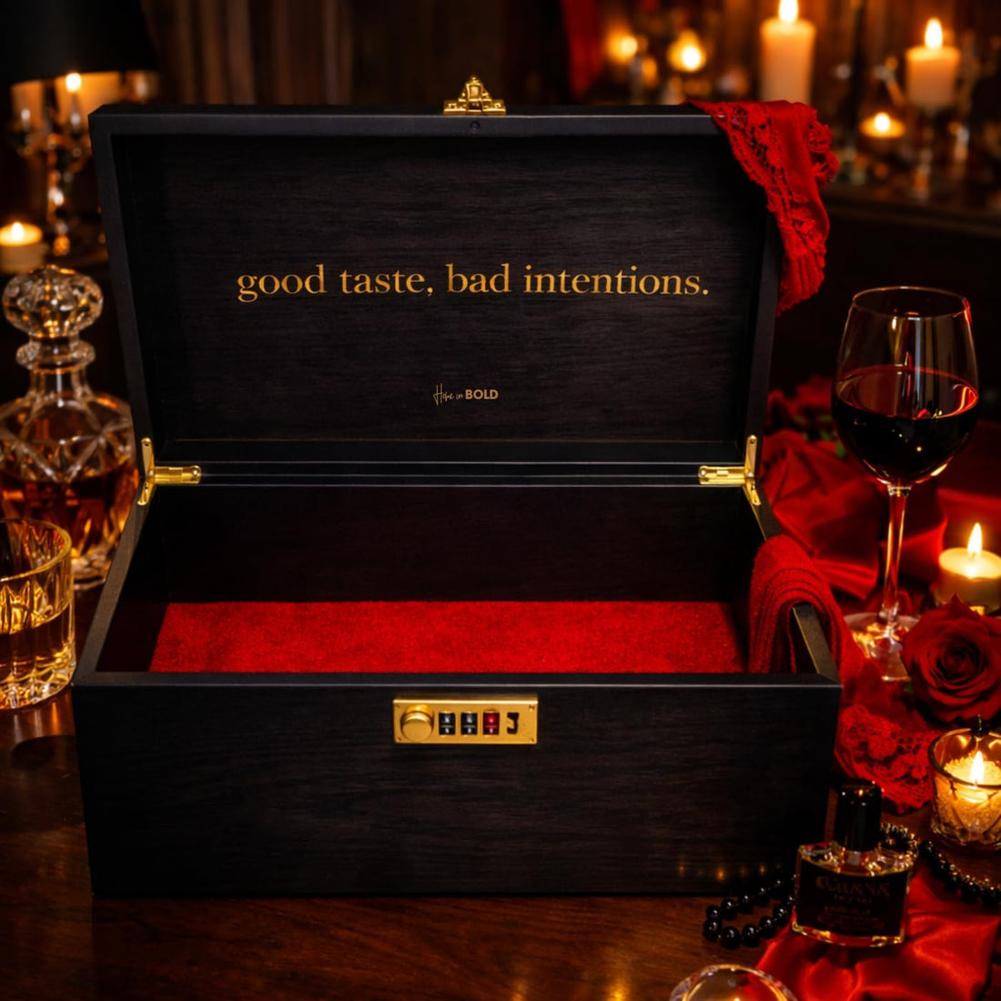 SEX TOYS BOX - Lockable Sex Storage Box with Code Lock (18.5 x 9.53 x 7.2 in) - Premium Wooden Sex Toy Lock Box (Black) MyHomeinBold