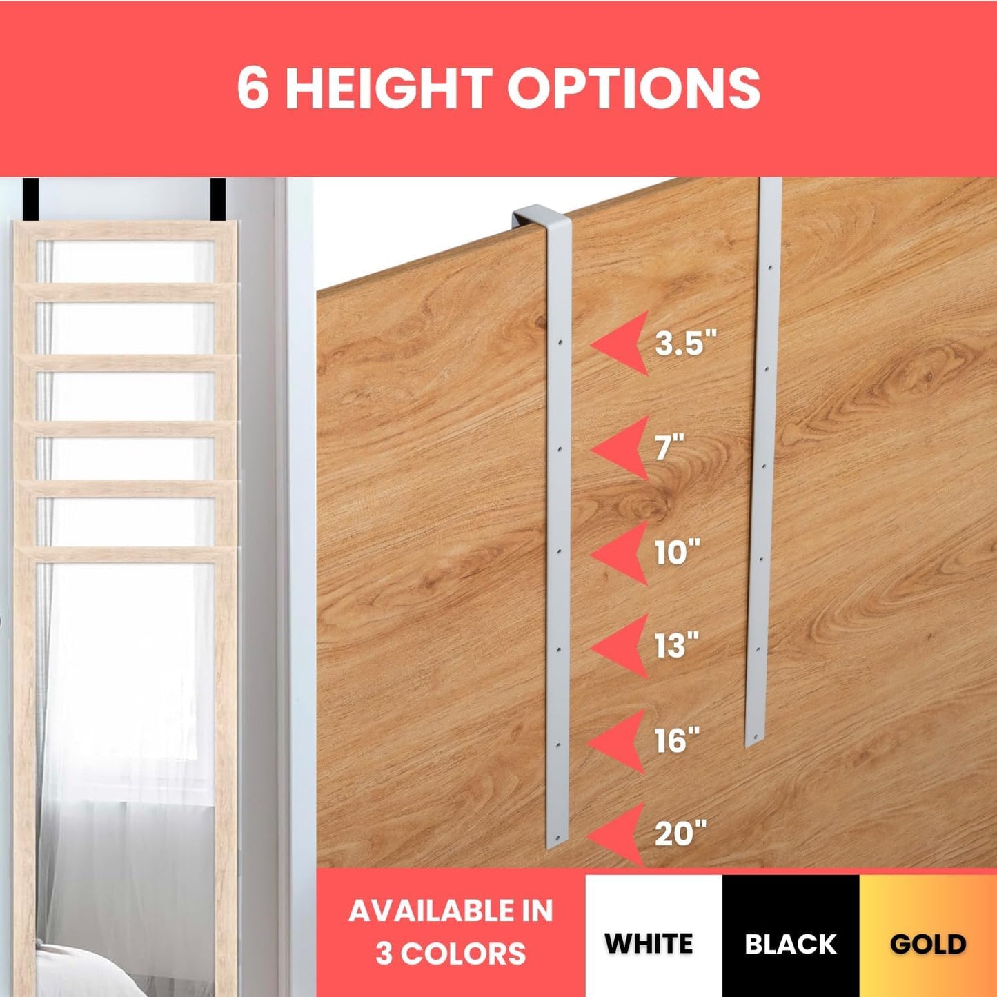 Gold Giant XL 20" Set of 2 Mirror Brackets Patent Pending Over-The-Door Mirror Hooks Hanger