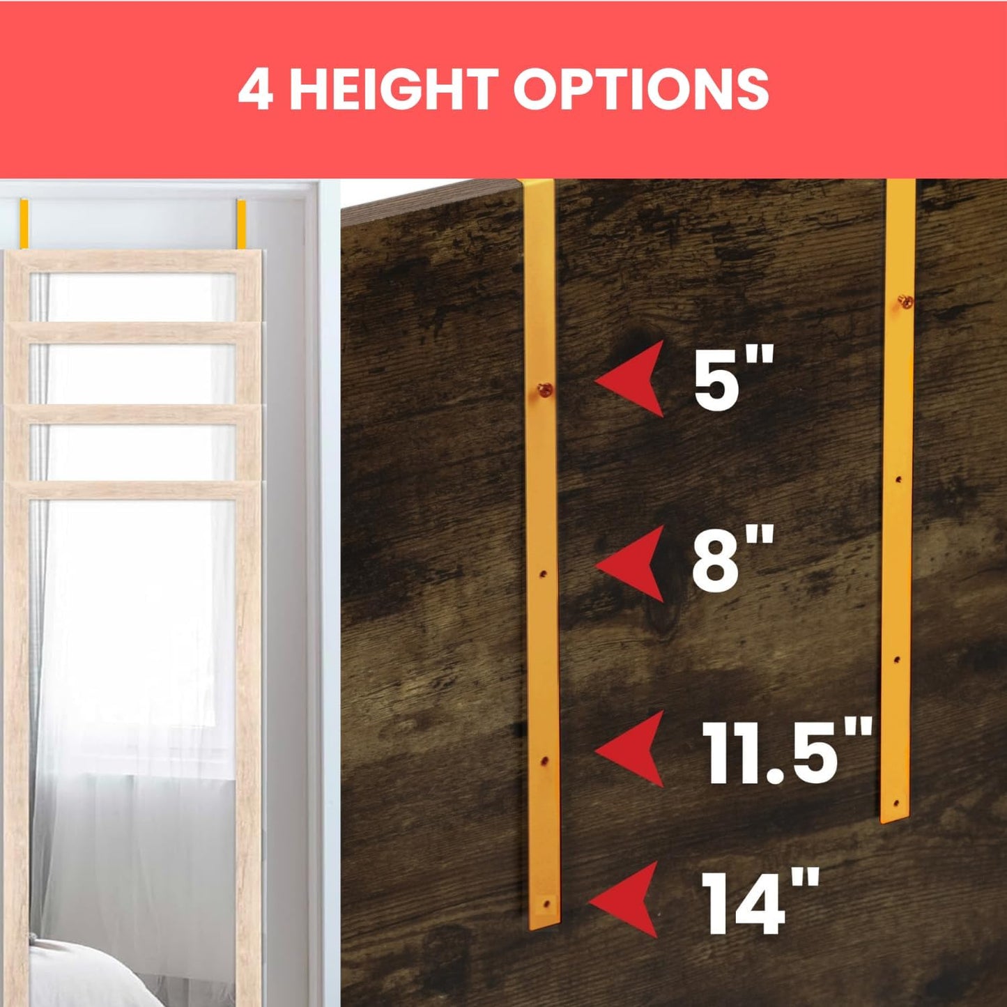 Over-The-Door Mirror Hanger-Adjustable 14.5"Over the Door Mirror Hooks 2 Brackets Set 1.5'' Door Depth (Gold)