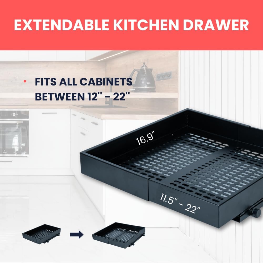 Tension Mount No Drill Pull Out Drawers for Kitchen Cabinet - No Screw 12''- 22'' Extendable Cabinet Slide Drawer