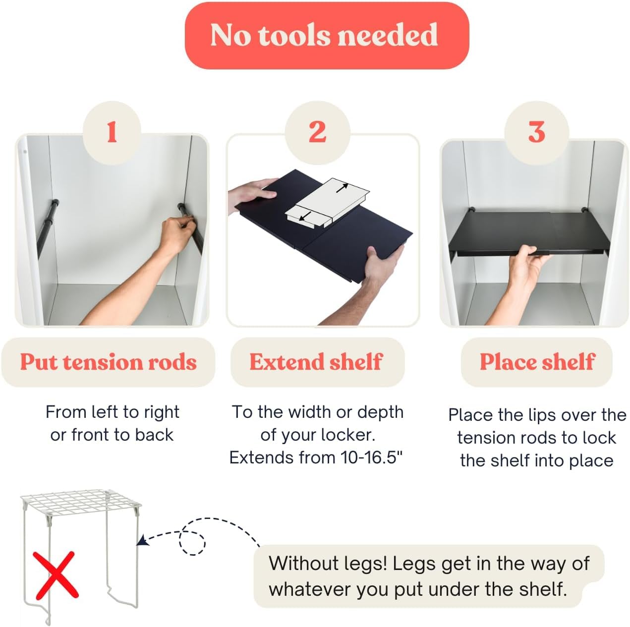 10''-16.5'' Adjustable Locker Organizer - METAL, Heavy Duty Expandable Tension Shelf Black