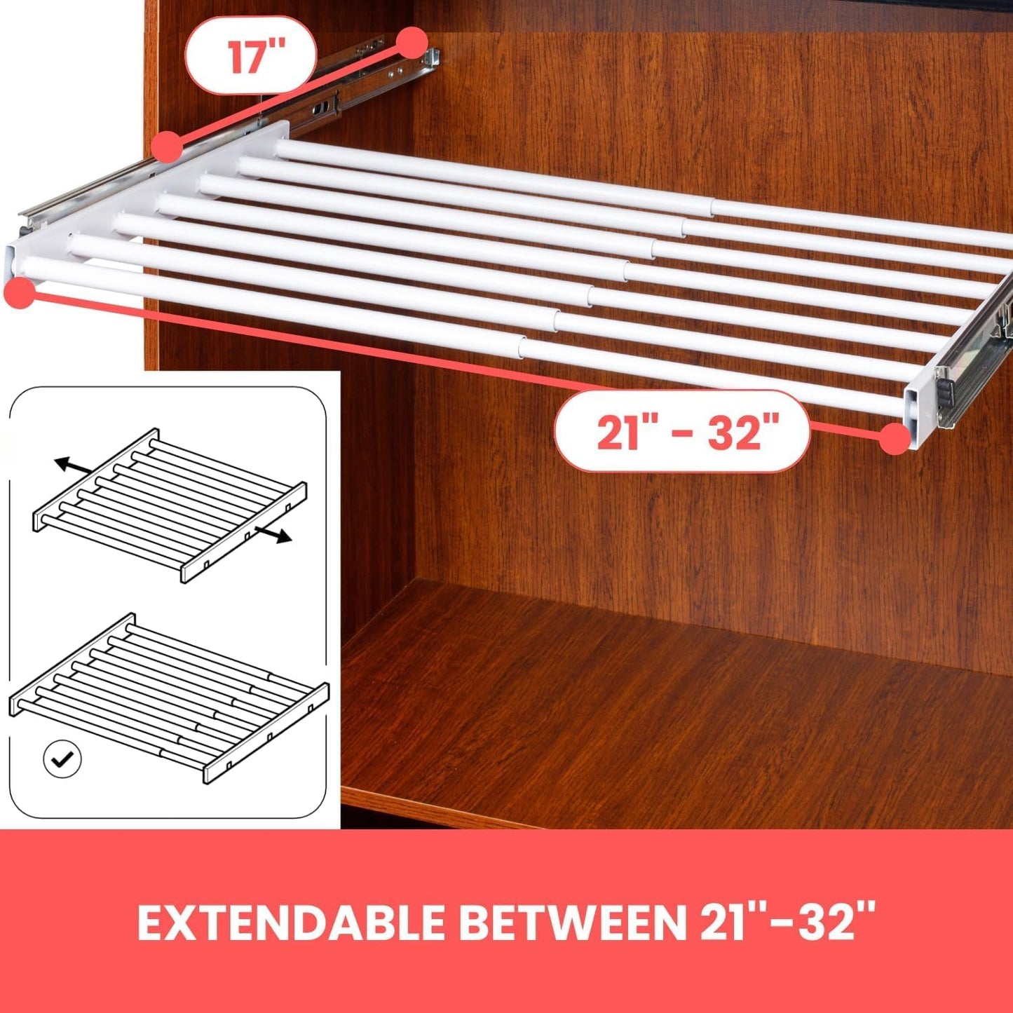 Space Saving Under Cabinet Drying Rack-Hidden Drying Rack for Laundry, 21"-32" Expandable