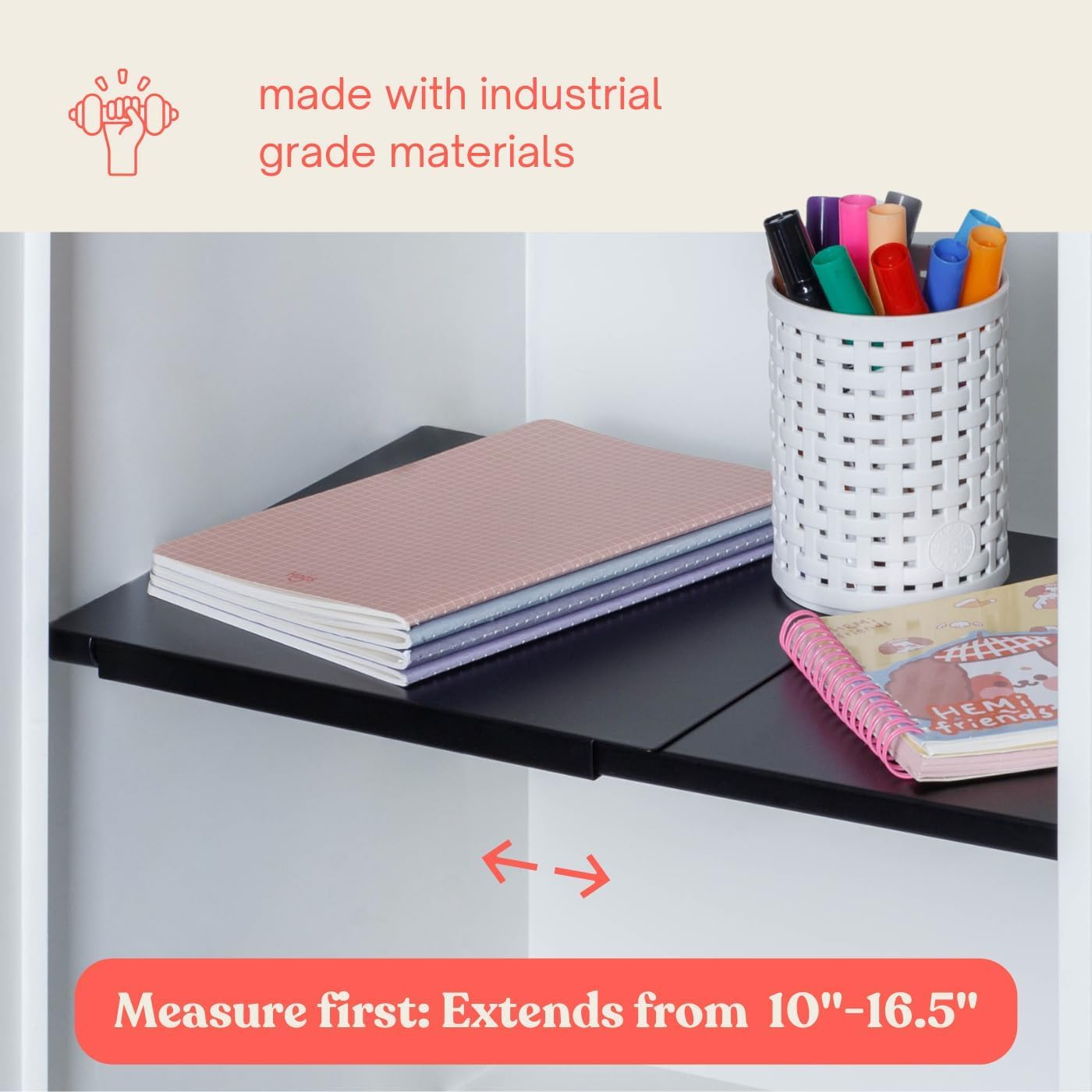 10''-16.5'' Adjustable Locker Organizer - METAL, Heavy Duty Expandable Tension Shelf Black