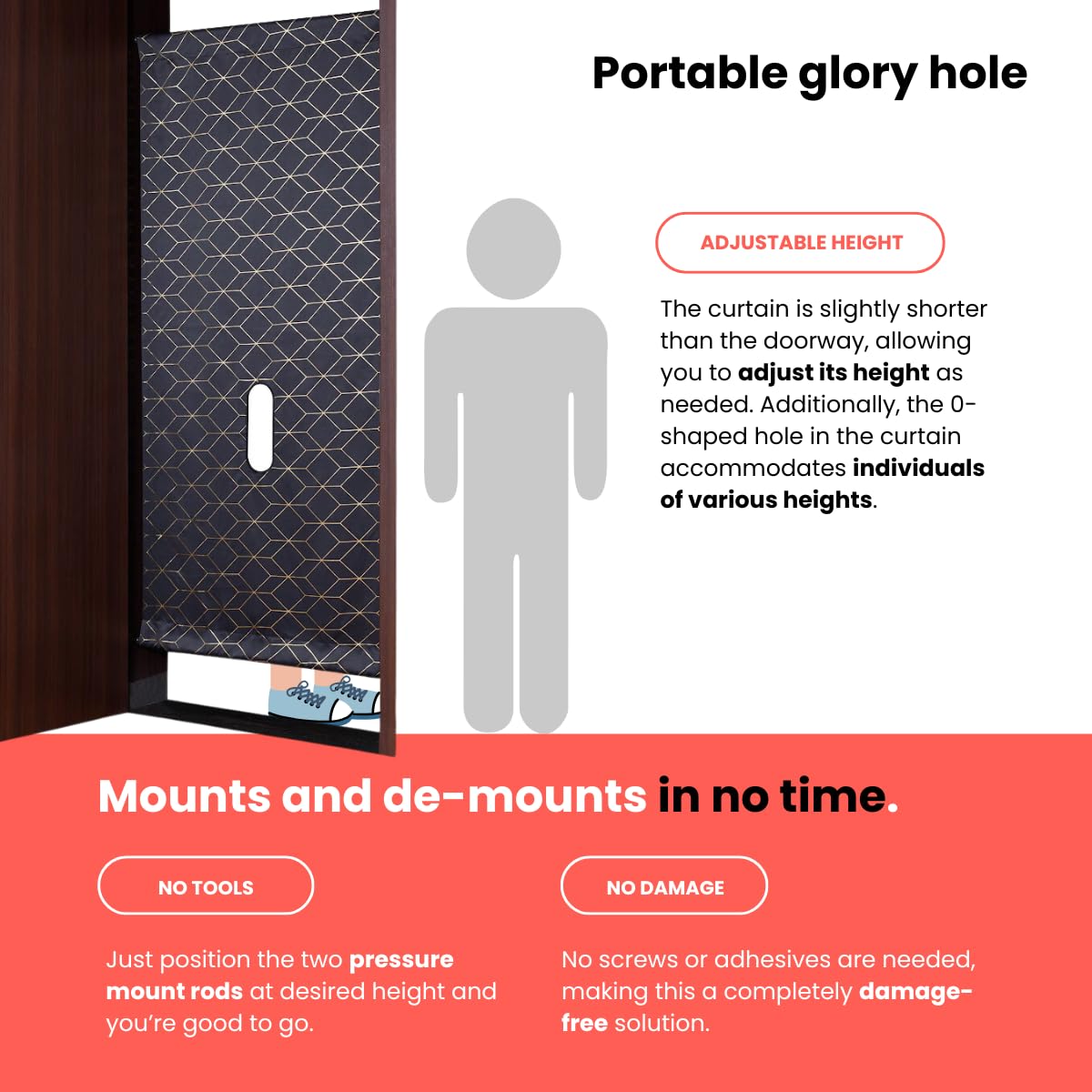 Portable Glory Hole Wall Kit Luxury Curtain Design & Carry CASE-Adjustable Tension Rod Mount for Doorways-Easy Setup in 1 Minute