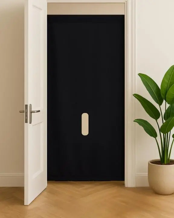 Freestanding privacy panel set up in a doorway