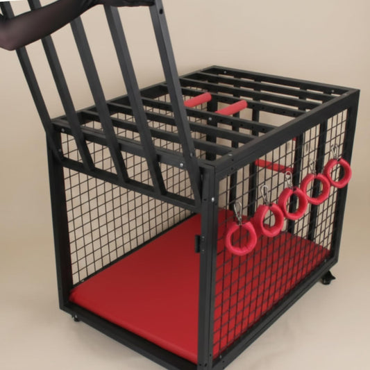 Heavy duty steel BDSM cage with open bar design and velvet padded base on rolling casters