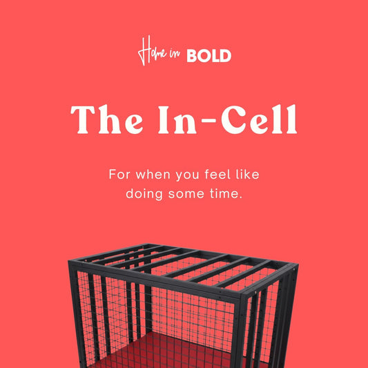 CELLMATE steel BDSM cage with open bar design and lockable door staged in a play space
