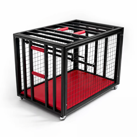 Assembled black steel BDSM cage on wheels with velvet base and lockable door
