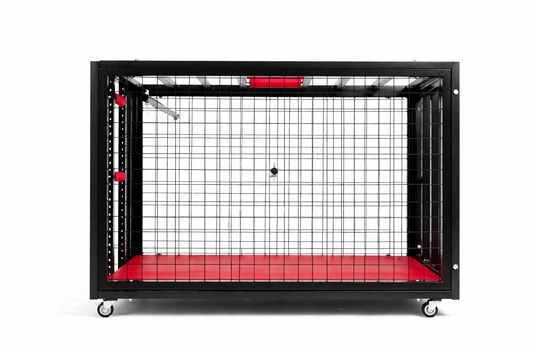 Heavy duty steel bondage cage frame with reinforced corners and lockable door