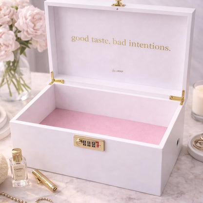 SEX TOYS BOX - Lockable Sex Storage Box with Code Lock (18.5 x 9.53 x 7.2 in) - Premium Wooden Sex Toy Lock Box (White) MyHomeinBold