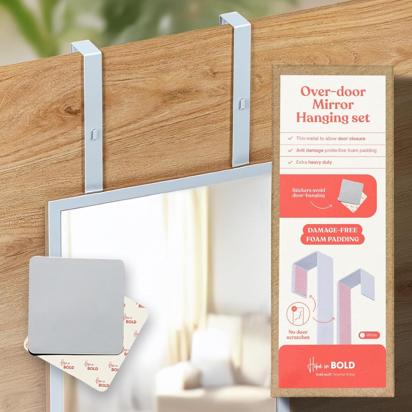 [Heavy Duty] 14.5" Over-The-Door Mirror Hanger Set (Extra Wide) with Any-Banging Adhesive + Suction Cup Pads and Inner Protective Padding