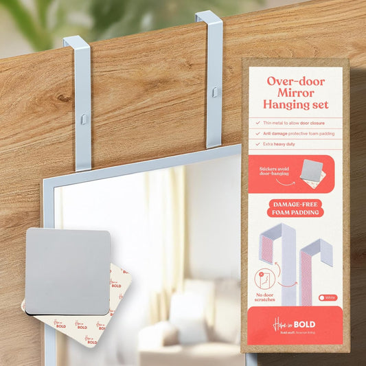 [Heavy Duty] 14.5" Over-The-Door Mirror Hanger Set (Extra Wide) with Any-Banging Adhesive + Suction Cup Pads and Inner Protective Padding
