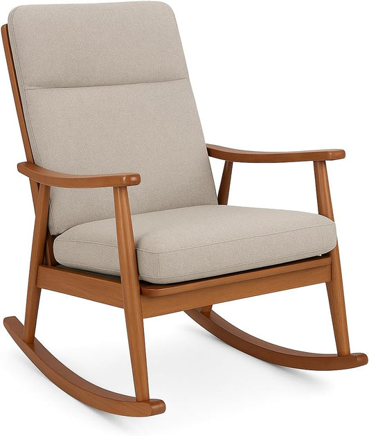 Comfortable Rocking Chair Ergonomic Relaxing Chair for Living Room, Bedroom & Nursery- Durable Wooden Rocker for Adults with Cushioned Seat