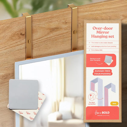 [Heavy Duty] 14.5" GOLD Over-The-Door Mirror Hanger Set (Extra Wide) with Any-Banging Adhesive + SUCTION cup pads and Inner Protective Padding