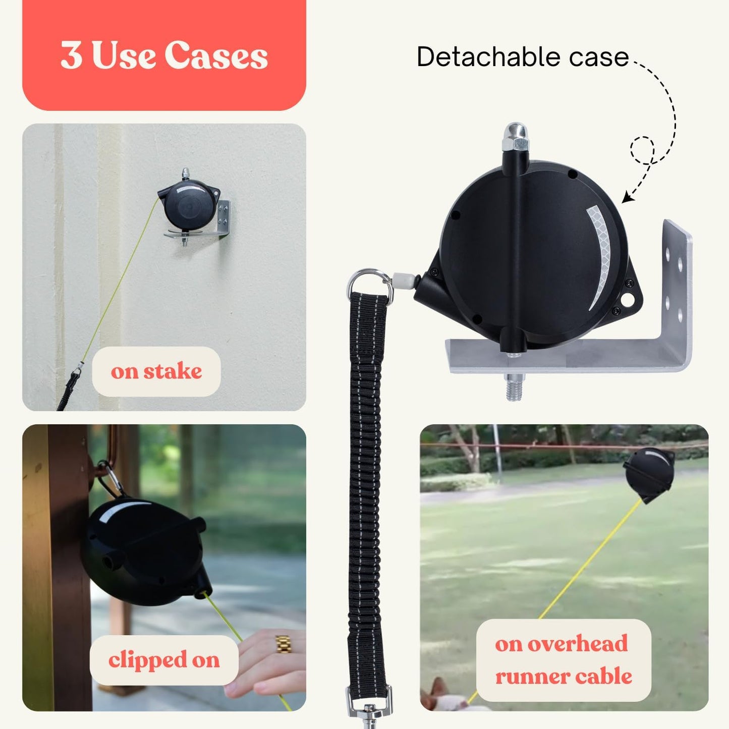 Heavy Duty Wall Mount Retractable Dog Tie out Cable for Small to Large Dogs-No Tangle Tie out Extends to 16.5 Ft