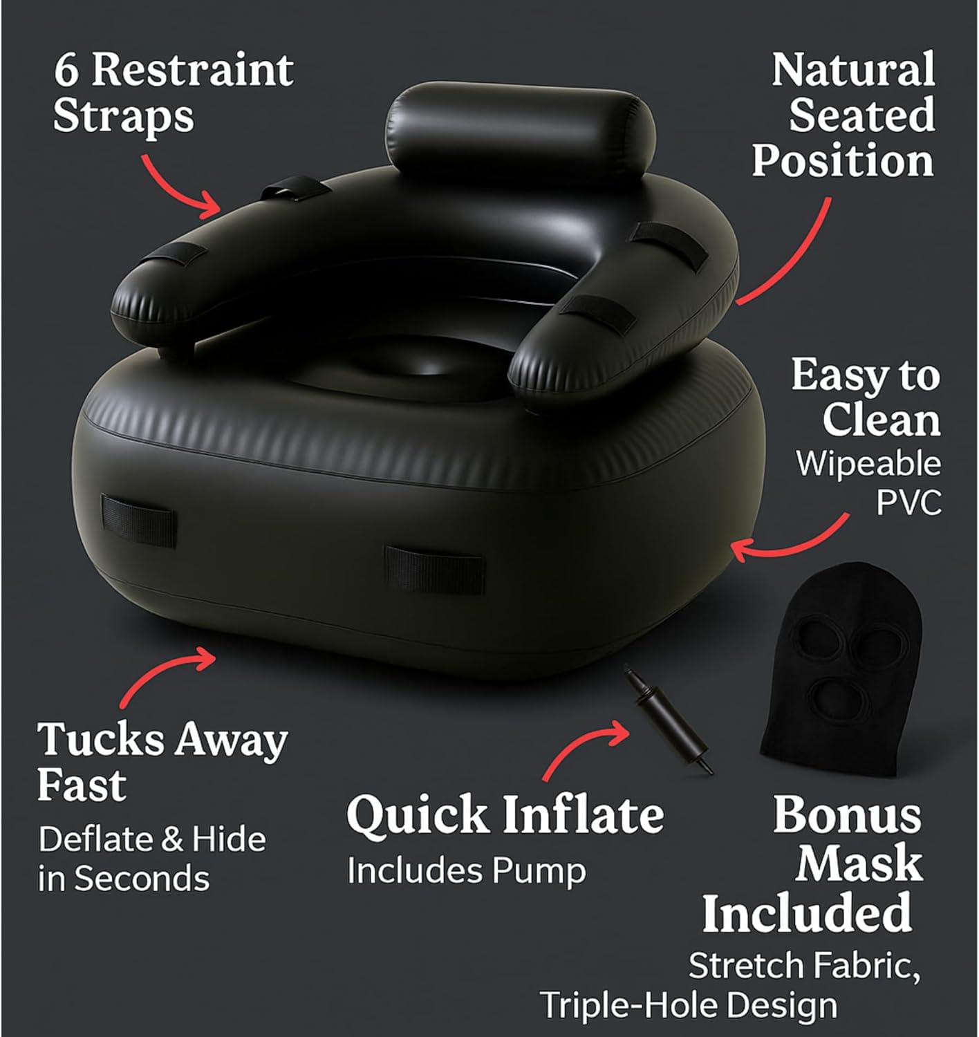 Inflatable Sex Chair with Restraints & MASK Bondage-Adults Blow Up Sex Seat or Sex Couch