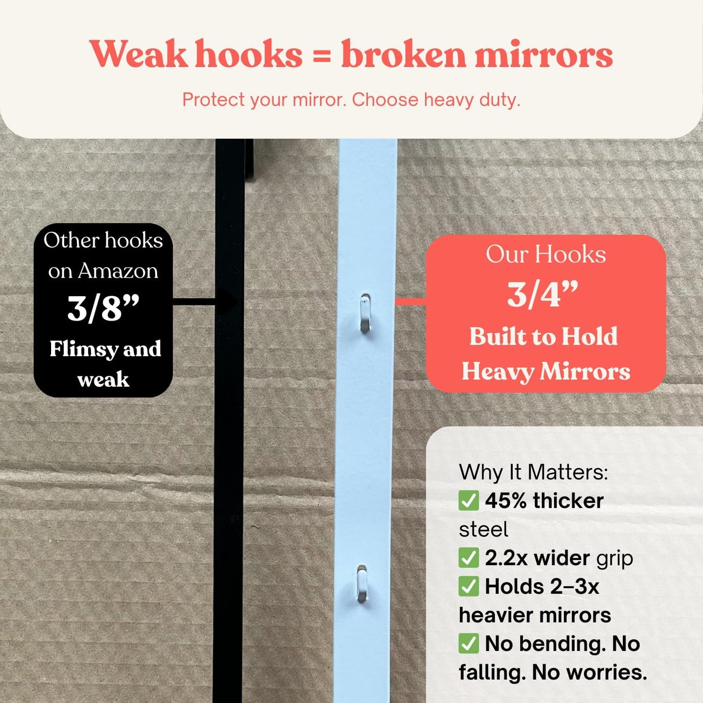 [Heavy Duty] 14.5" Over-The-Door Mirror Hanger Set (Extra Wide) with Any-Banging Adhesive + Suction Cup Pads and Inner Protective Padding