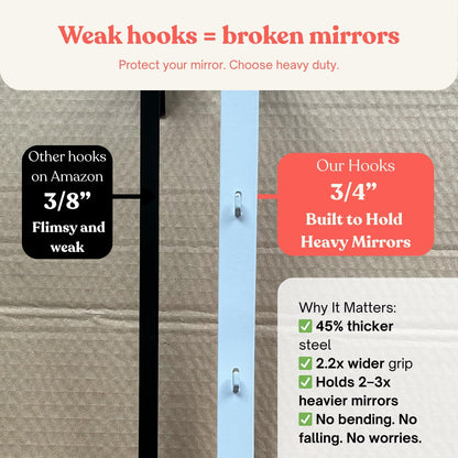 [Heavy Duty] 14.5" Over-The-Door Mirror Hanger Set (Extra Wide) with Any-Banging Adhesive + Suction Cup Pads and Inner Protective Padding