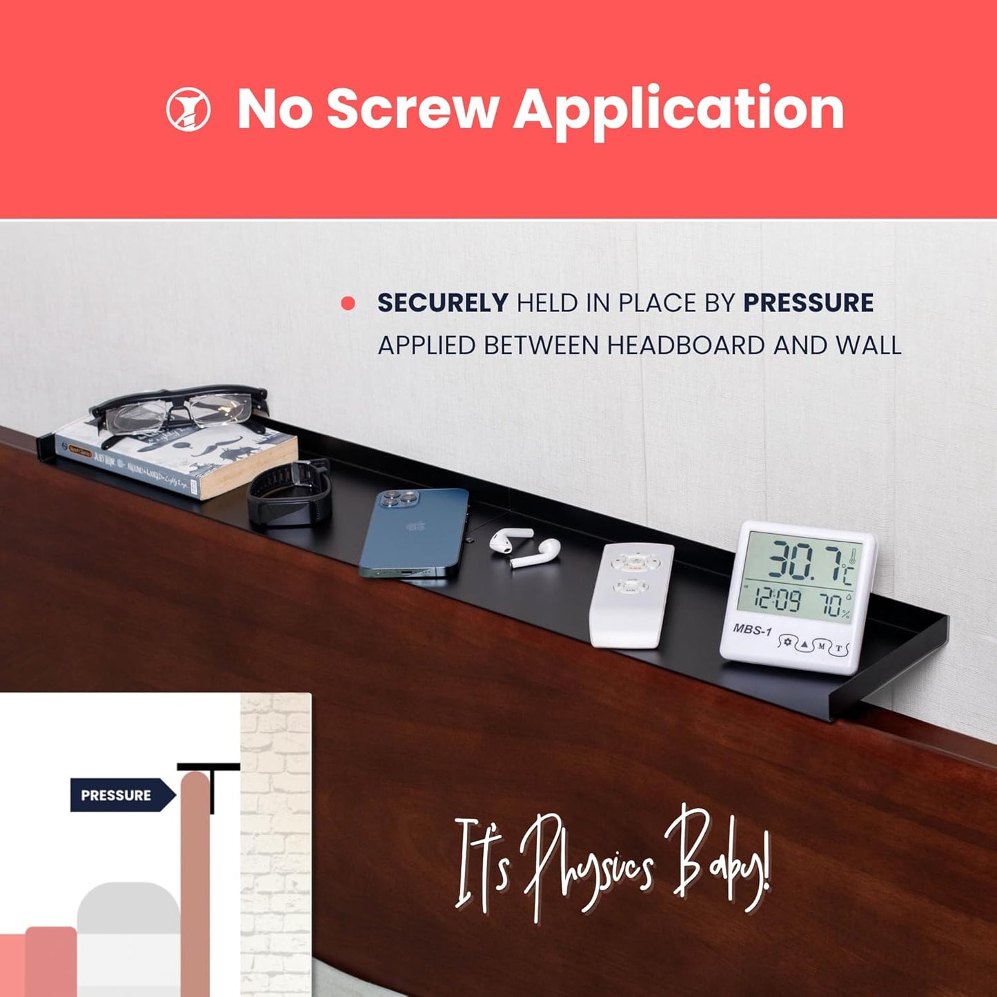 No-Screws Bed Headboard Shelf Attachment (Only for Straight headboards)-Metal Twin, King, Queen