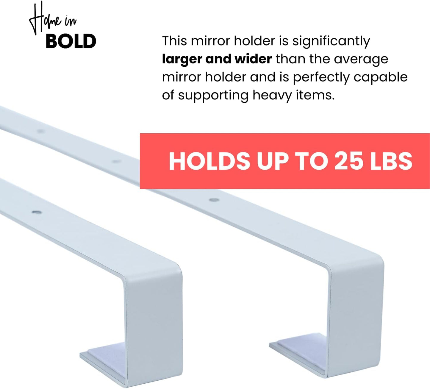 Set of 2 XL Mirror Brackets Over 20"-The-Door Mirror Hanger + Sticker, Set with Anti-Scratch Lining (White)
