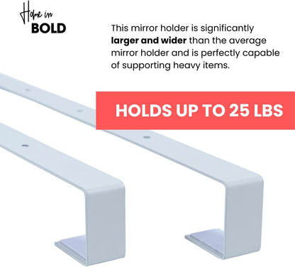 Set of 2 XL Mirror Brackets Over 20"-The-Door Mirror Hanger + Sticker, Set with Anti-Scratch Lining (White)
