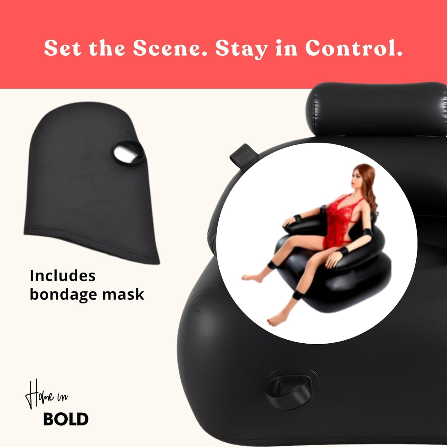 Inflatable Sex Chair with Restraints & MASK Bondage-Adults Blow Up Sex Seat or Sex Couch
