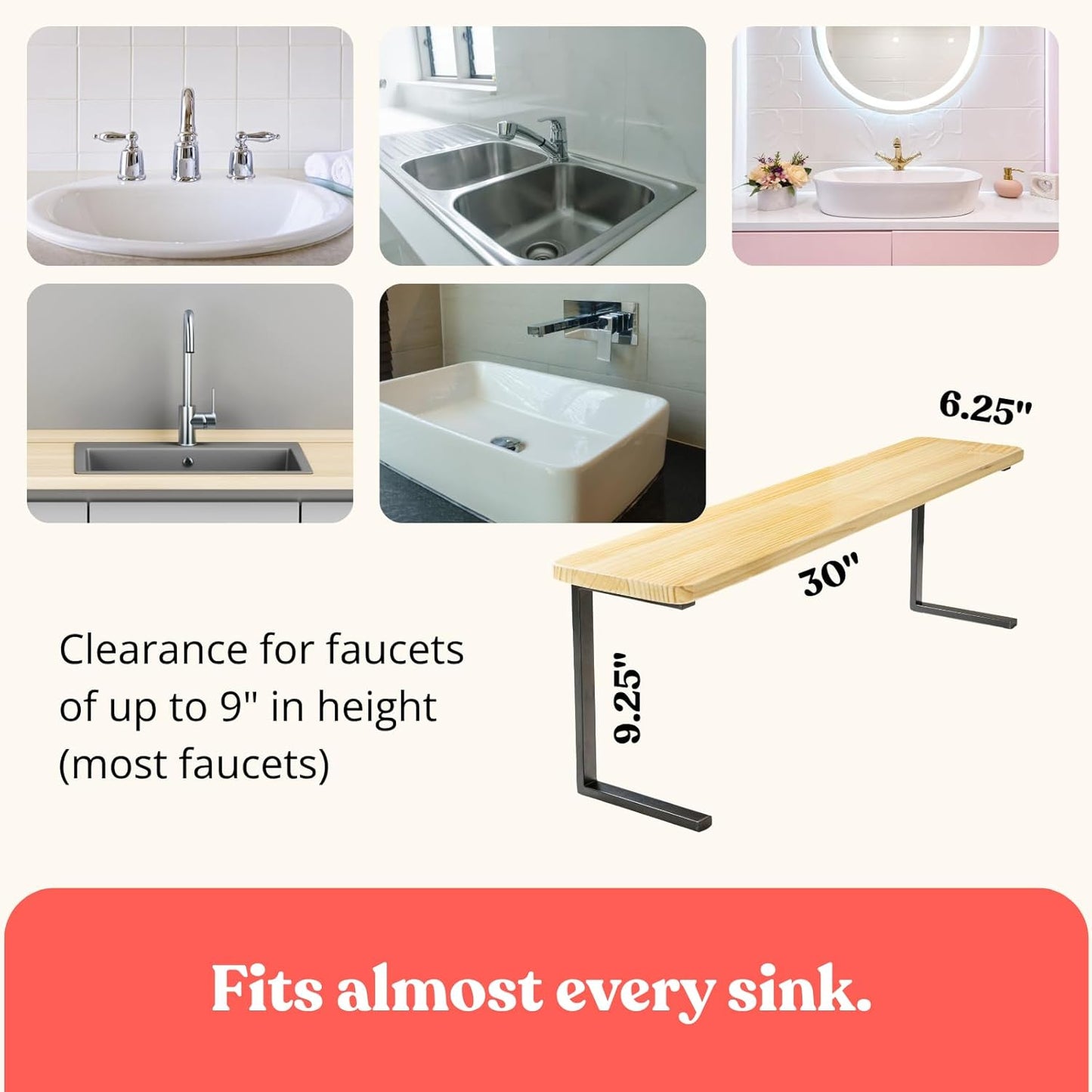 Over The Sink Shelf for Tall Faucet - Space-Saving Bathroom Over Faucet Kitchen Narrow Counter Over Sink Organizer, 30” L 6.25” W 9.25” H