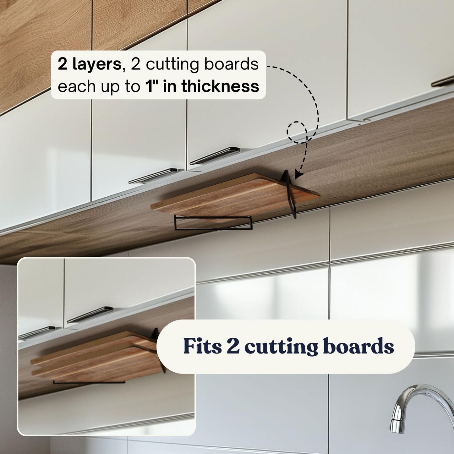 Under Cabinet Cutting Board Holder-2 Layer Metal Cutting Board Rack-Heavy Duty Vertical Horizontal Cutting Board