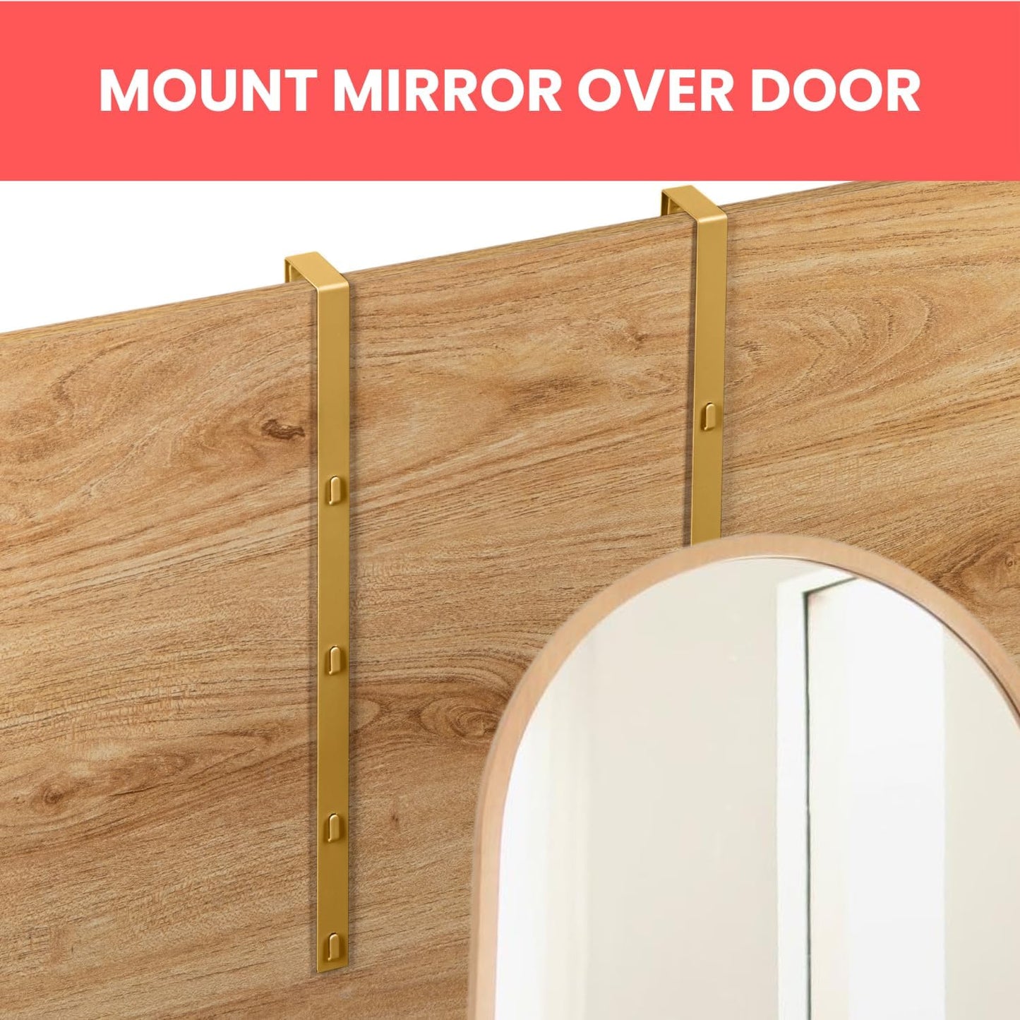 [Heavy Duty] 14.5" GOLD Over-The-Door Mirror Hanger Set (Extra Wide) with Any-Banging Adhesive + SUCTION cup pads and Inner Protective Padding