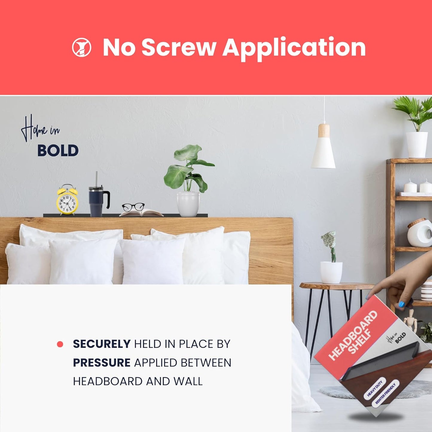 No-Screws Bed Headboard Shelf Attachment (Only for Straight headboards)-Metal Twin, King, Queen