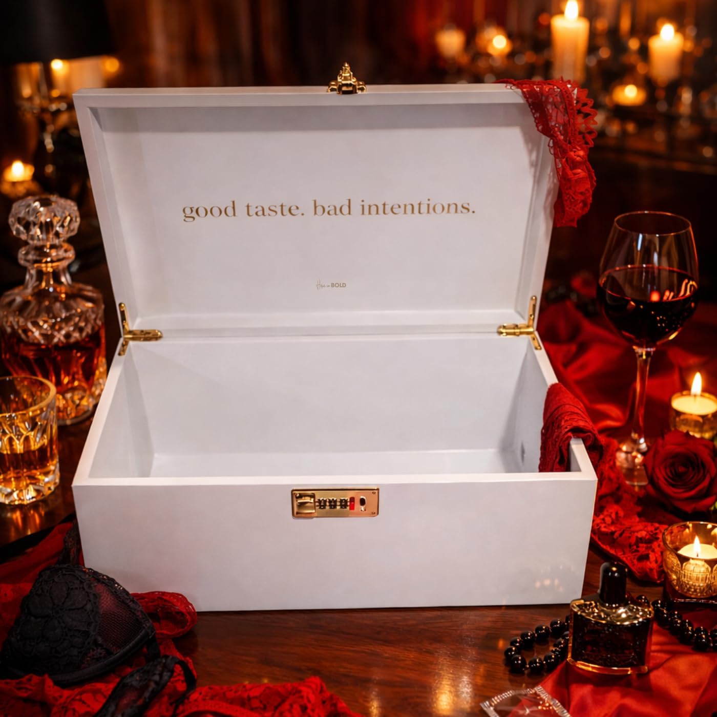 SEX TOYS BOX - Lockable Sex Storage Box with Code Lock (18.5 x 9.53 x 7.2 in) - Premium Wooden Sex Toy Lock Box (White) MyHomeinBold