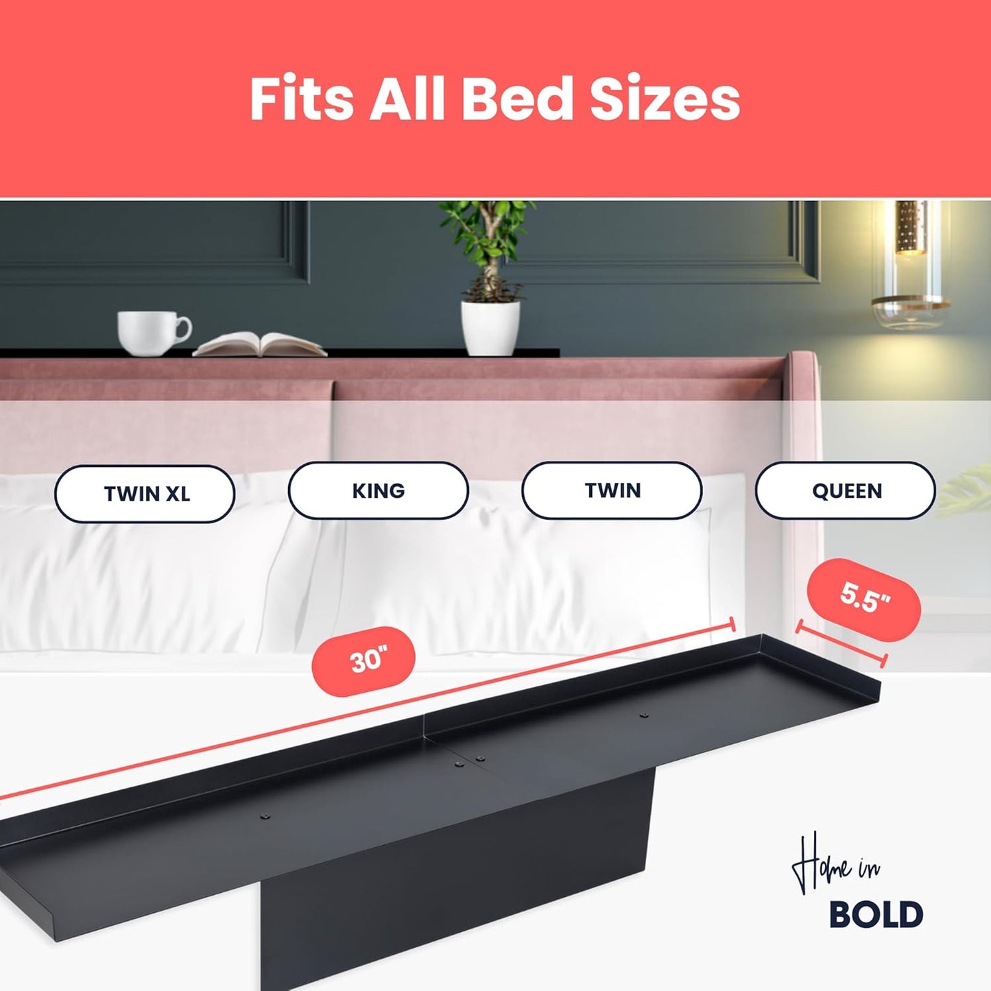 No-Screws Bed Headboard Shelf Attachment (Only for Straight headboards)-Metal Twin, King, Queen