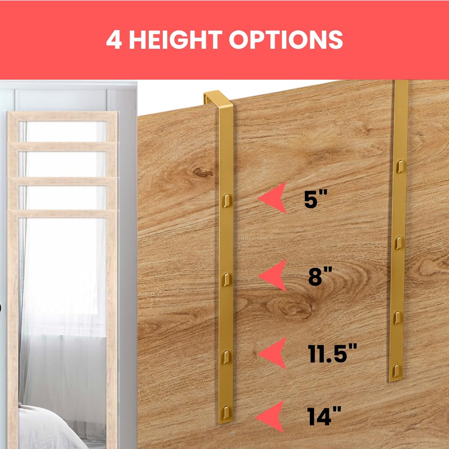 [Heavy Duty] 14.5" GOLD Over-The-Door Mirror Hanger Set (Extra Wide) with Any-Banging Adhesive + SUCTION cup pads and Inner Protective Padding