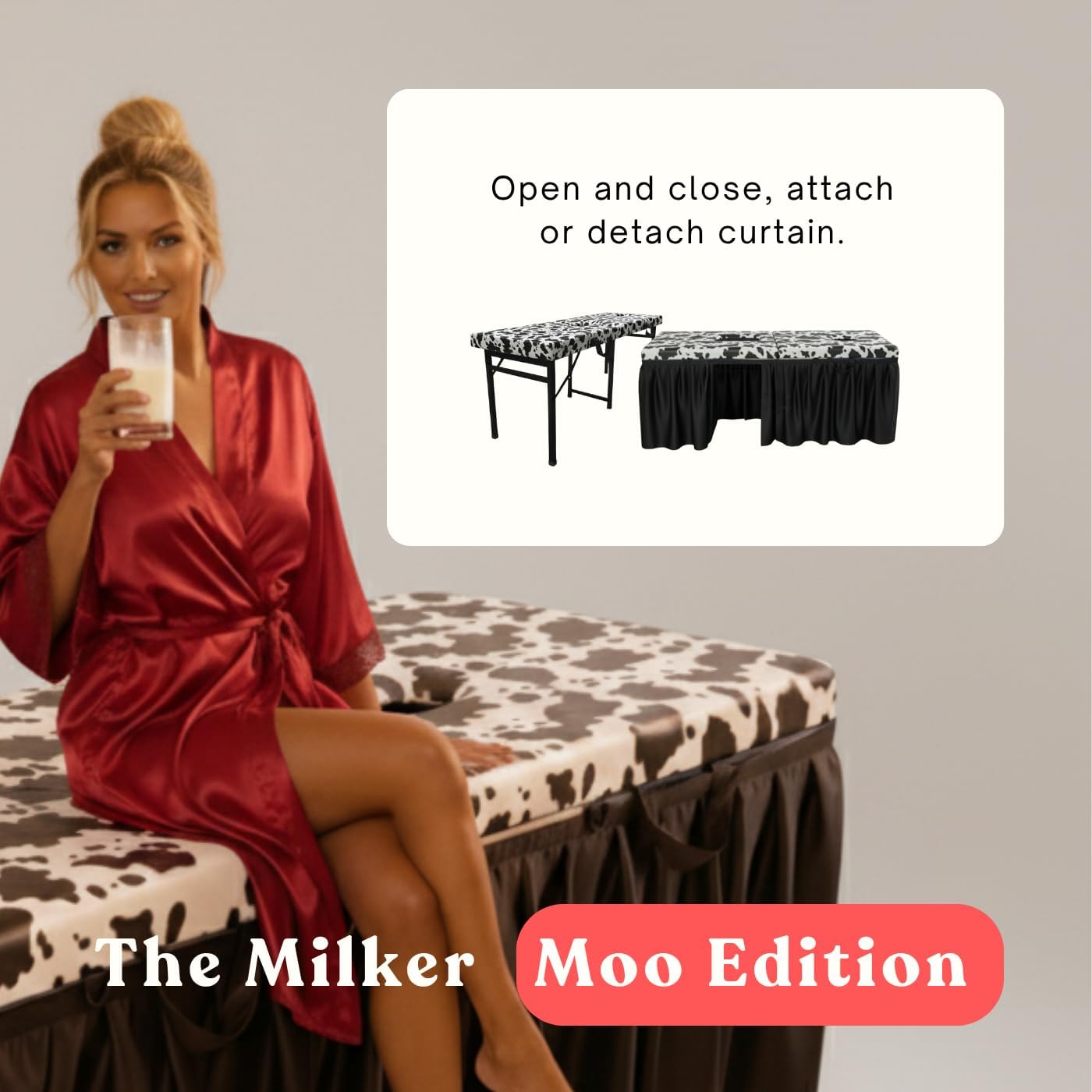 MILKER MOO EDITION - Cow-Print Milking Table with Glory Opening & Privacy Curtain MyHomeinBold