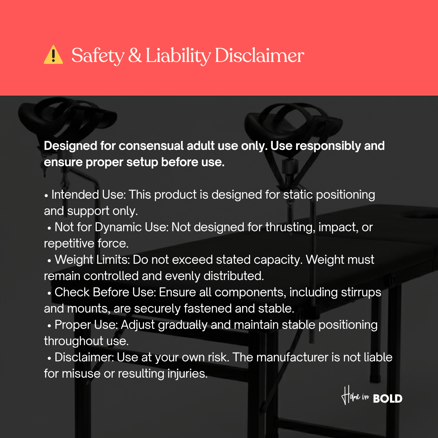 Sex table with leg stirrups safety and use guidelines for consensual adult positioning and support