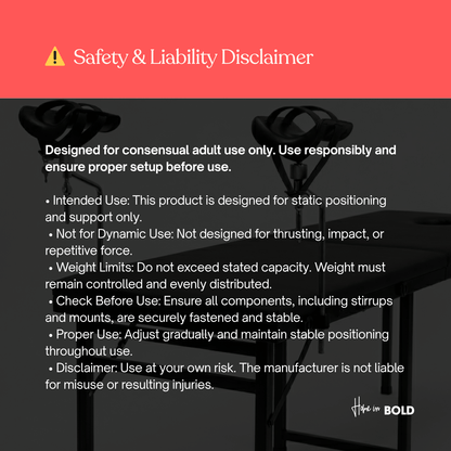 Sex table with leg stirrups safety and use guidelines for consensual adult positioning and support