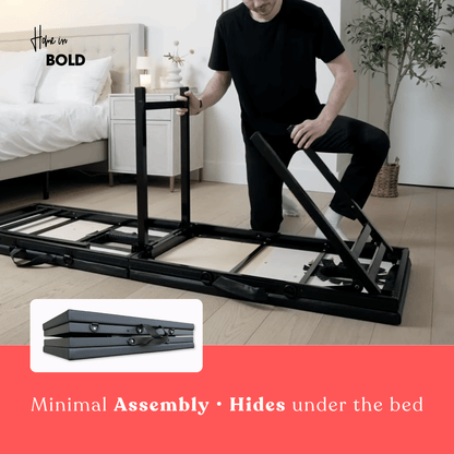 Sex table with leg stirrups minimal assembly folds flat and hides under the bed when not in use