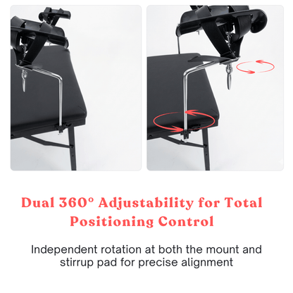 Sex table leg stirrups with dual 360 degree rotation at mount and stirrup pad for precise positioning control