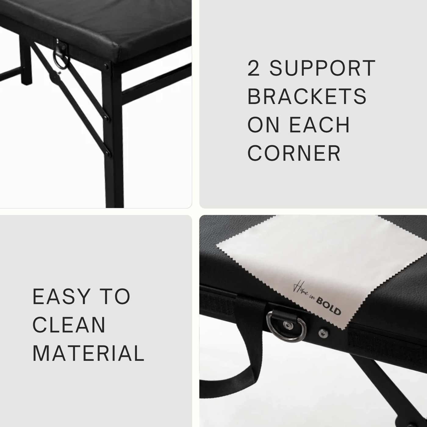 Sex table with leg stirrups showing 2 support brackets on each corner and easy to clean PU leather surface