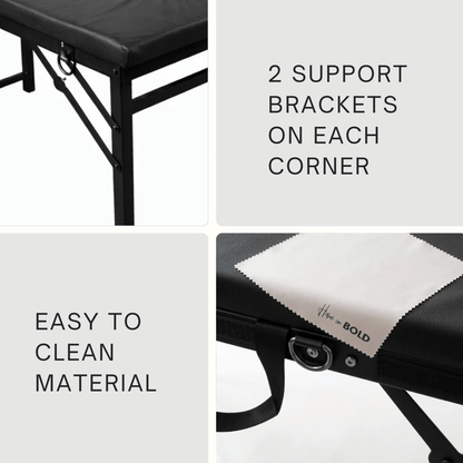 Sex table with leg stirrups showing 2 support brackets on each corner and easy to clean PU leather surface