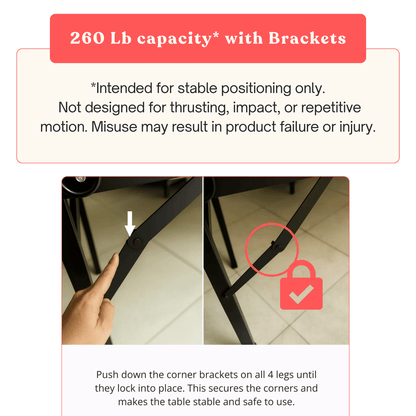 Sex table with leg stirrups 260 lb capacity with 8 push to lock corner brackets for a stable and safe setup
