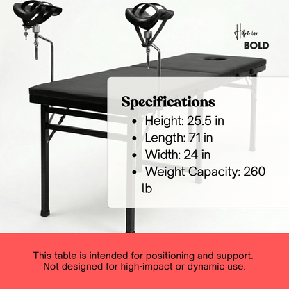 Sex table with leg stirrups specifications height 25.5 in length 71 in width 24 in weight capacity 260 lb